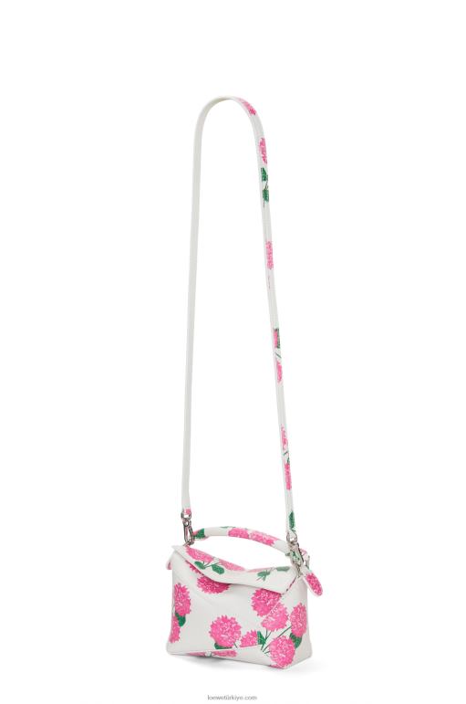 Loewe saten dana derisinden mini çiçek yapboz kenar çantası 02600235 kadınlar beyaz/pembe