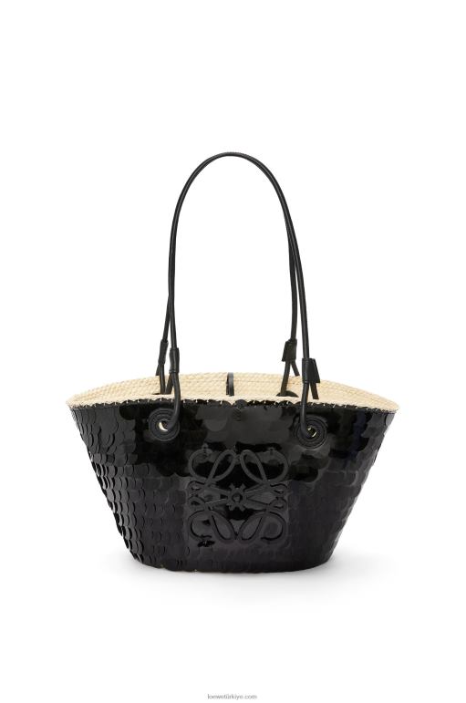 Loewe payetli iraca palmiyesi ve dana derisinden küçük anagram sepeti 0260071 kadınlar siyah