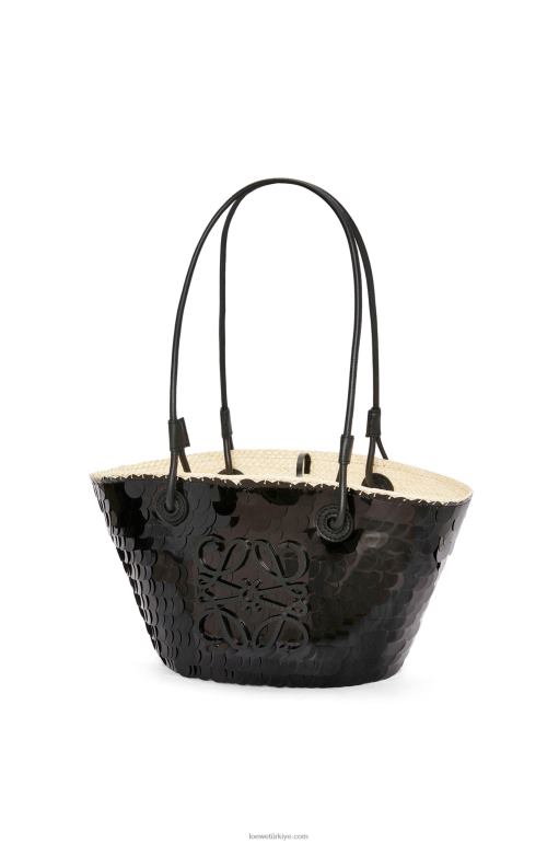 Loewe payetli iraca palmiyesi ve dana derisinden küçük anagram sepeti 0260071 kadınlar siyah