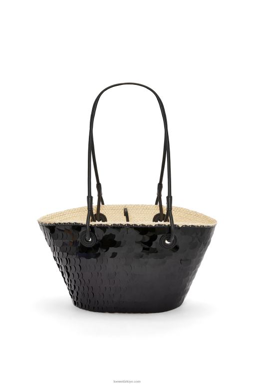Loewe payetli iraca palmiyesi ve dana derisinden küçük anagram sepeti 0260071 kadınlar siyah