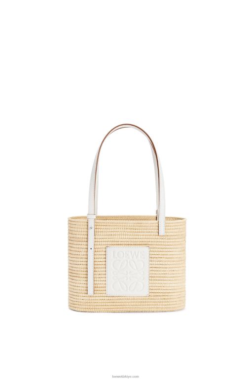 Loewe rafya ve dana derisinden küçük kare sepet çanta 0260047 kadınlar doğal beyaz