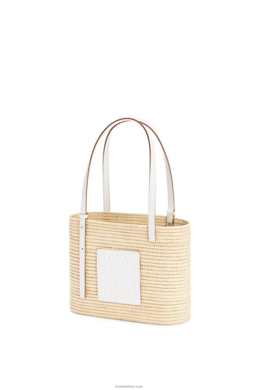 Loewe rafya ve dana derisinden küçük kare sepet çanta 0260047 kadınlar doğal beyaz
