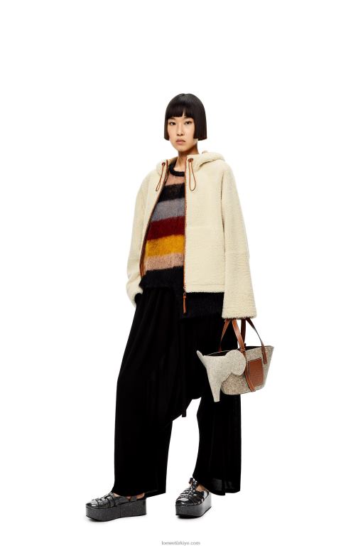 Loewe kürklü kapüşonlu fermuarlı ceket 026001151 kadınlar yumuşak beyaz/ten rengi
