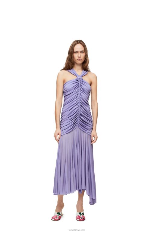 Loewe krep jarseden drapeli uzun elbise 026001069 kadınlar leylak