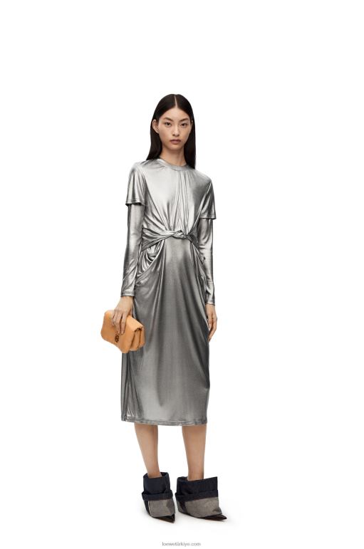 Loewe lamine jarseden drapeli elbise 026001092 kadınlar siyah gümüş