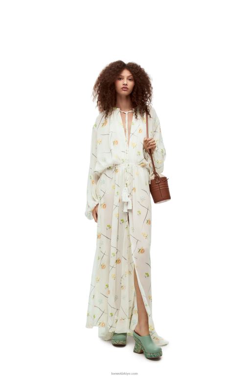 Loewe viskon ve ipekten çiçek maksi elbise 026001055 kadınlar beyaz/çok renkli