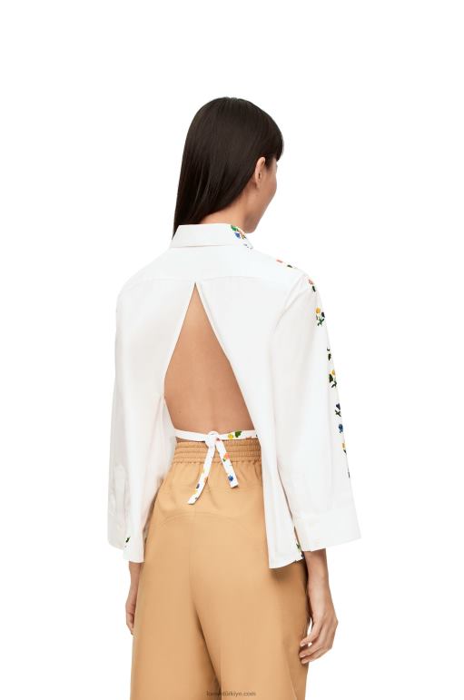 Loewe pamuklu poplinden çiçekli trapez gömlek 02600894 kadınlar beyaz/çok renkli