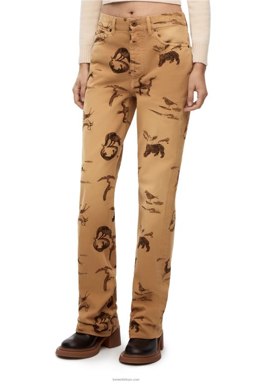 Loewe denim hayvan desenli kot pantolon 026001192 kadınlar açık bej/kahverengi