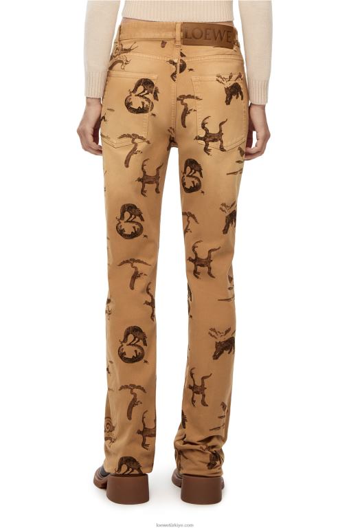Loewe denim hayvan desenli kot pantolon 026001192 kadınlar açık bej/kahverengi