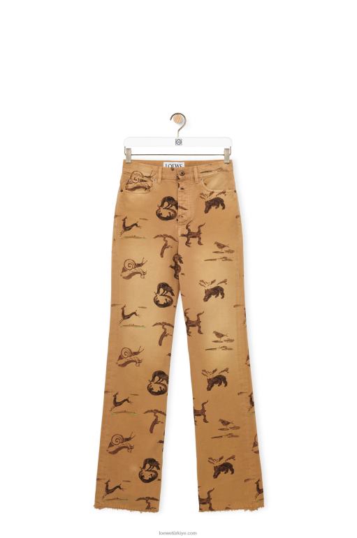 Loewe denim hayvan desenli kot pantolon 026001192 kadınlar açık bej/kahverengi