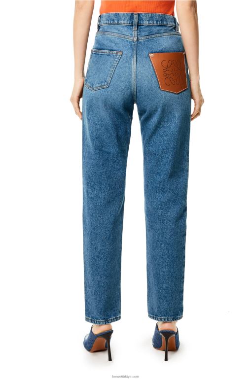 Loewe taş yıkanmış kottan anagram cepli konik kot pantolon 026001200 kadınlar Mavi kot