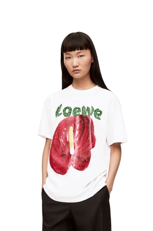 Loewe antoryum çiçekli pamuklu jarse tişört 02600798 kadınlar Beyaz kırmızı