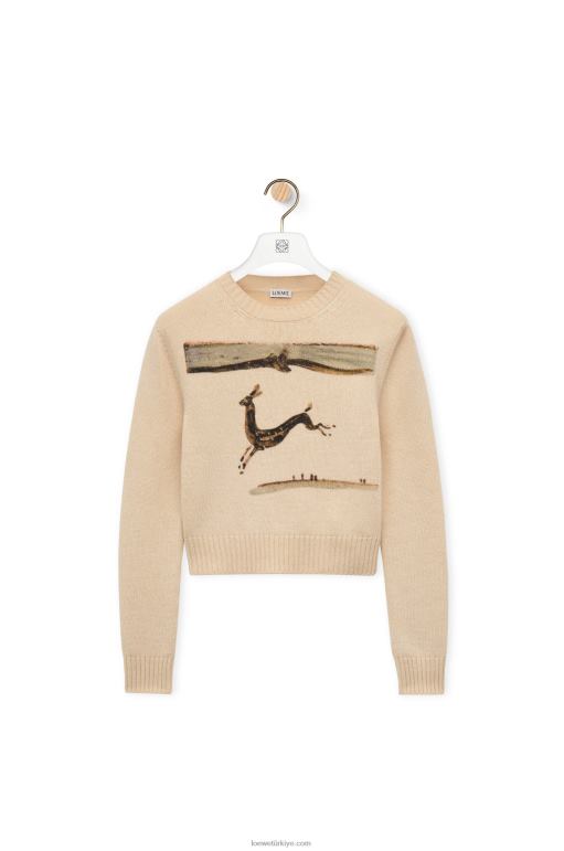 Loewe geyik desenli yün kazak 02600999 kadınlar ekru